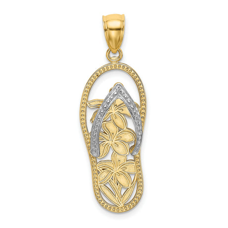 14k Multi-Tone Gold Flip Flop Pendant with Rhodium Detail, Plumeria Flower Design