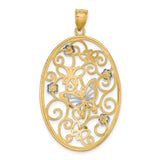 14k Two-Tone Gold Oval Pendant with Filigree Swirls, Butterfly and Flower Motifs