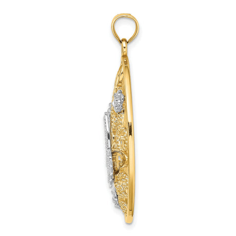 14k Two-Tone Gold Pendant with Filigree Butterfly, Rose Flowers and Scrollwork Accents