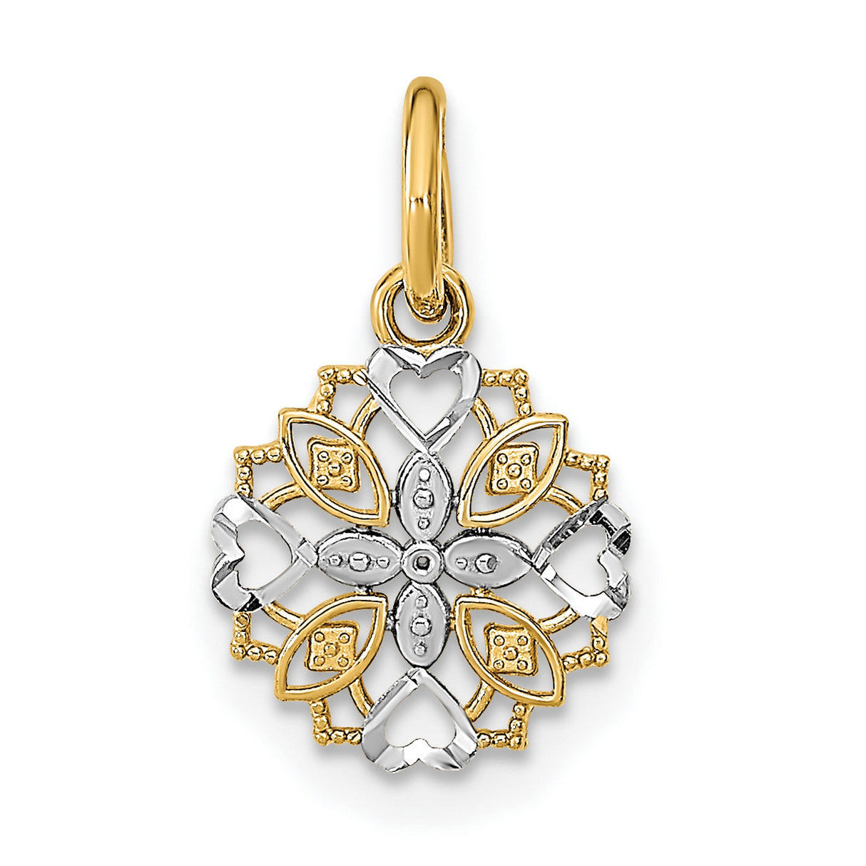14k Two-Tone Gold Floral Mandala Pendant with Heart Accents, Symbolic Spiritual Jewelry for Women