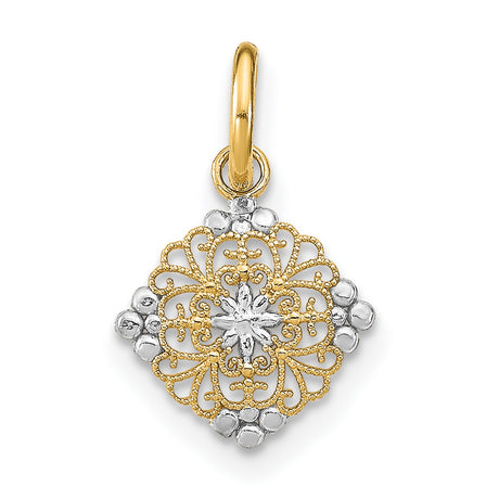 14k Multi-Tone Gold Filigree Mandala Pendant with Floral Scrollwork and Starburst Design