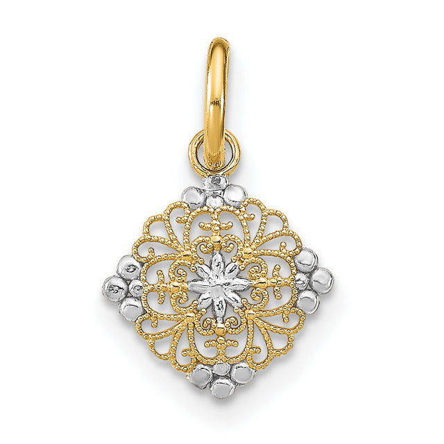 14k Multi-Tone Gold Filigree Mandala Pendant with Floral Scrollwork and Starburst Design