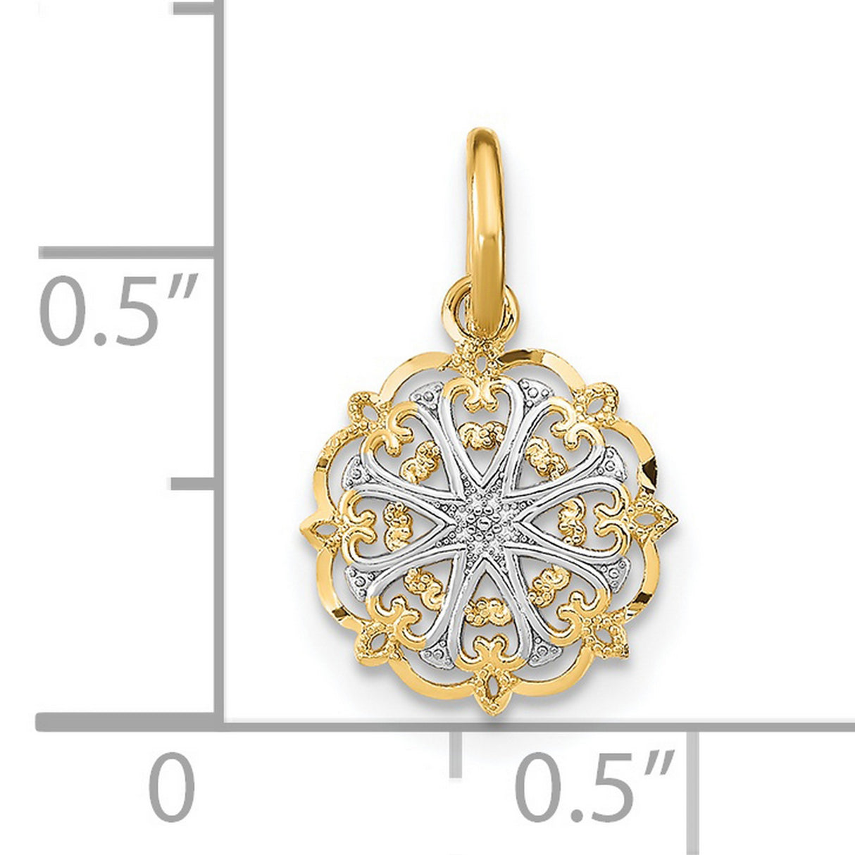 14k Yellow Gold and Rhodium Pendant, Floral Medallion with Filigree and Fleur-de-Lis Accents