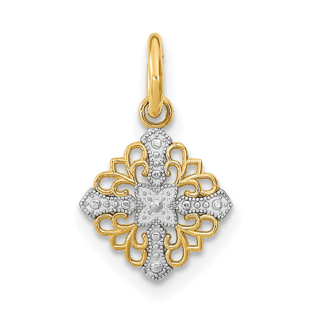 14k Multi-Tone Gold Cross Pendant, Ornate Filigree Textured Religious Charm for Women