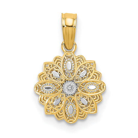 Mini Filigree Flower Charm Pendant in Real 14k Multi-Tone Gold