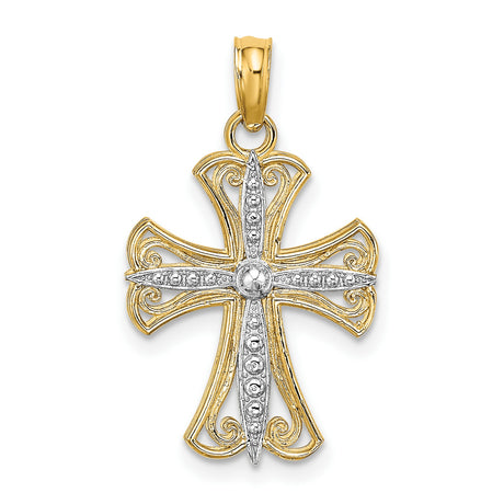14k Multi-Tone Gold Faith and Ornate Baroque Cross Pendant with Silver Accent