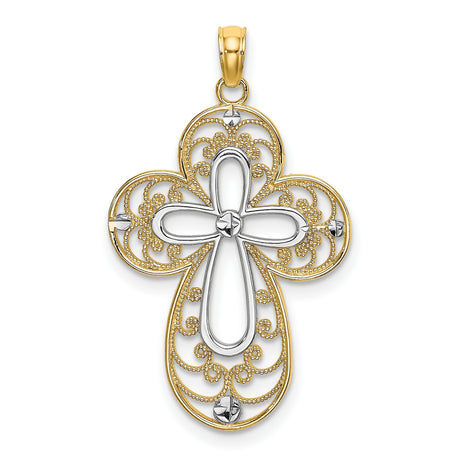 14k Multi-Tone Gold Filigree Cross Pendant, Textured Religious Design for Men and Women