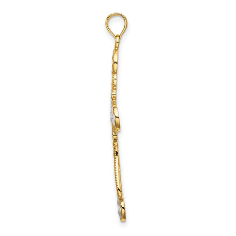 14k Two-Tone Gold Cross Pendant with Filigree Scrollwork and Round Crystal Accents