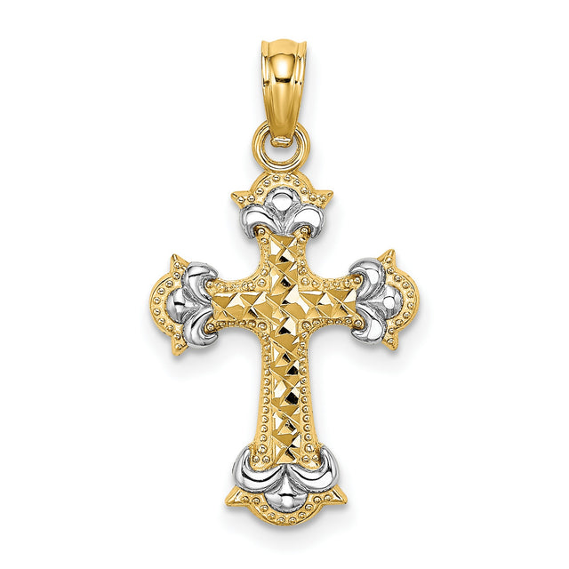 Fleur-De-Lis Cross Charm Pendant in Real 14k Multi-Tone Gold