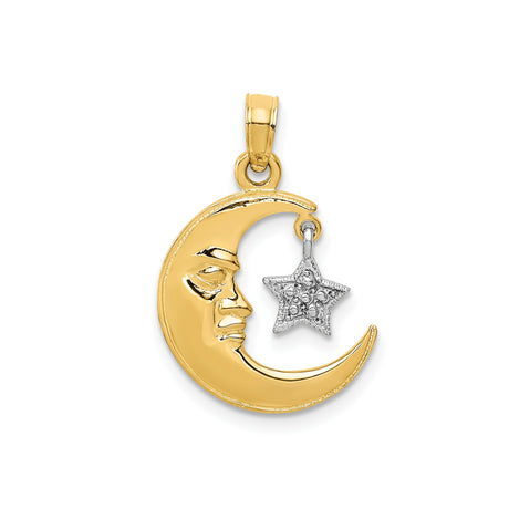 14k Two-Tone Gold Moon and Star Pendant with Crescent Moon Face, Celestial Charm