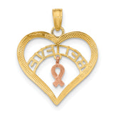 14k Two-Tone Gold Heart Pendant with Believe Word and Rose Gold Awareness Ribbon