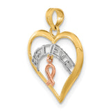 14k Two-Tone Gold Heart Pendant with Believe Word and Rose Gold Awareness Ribbon