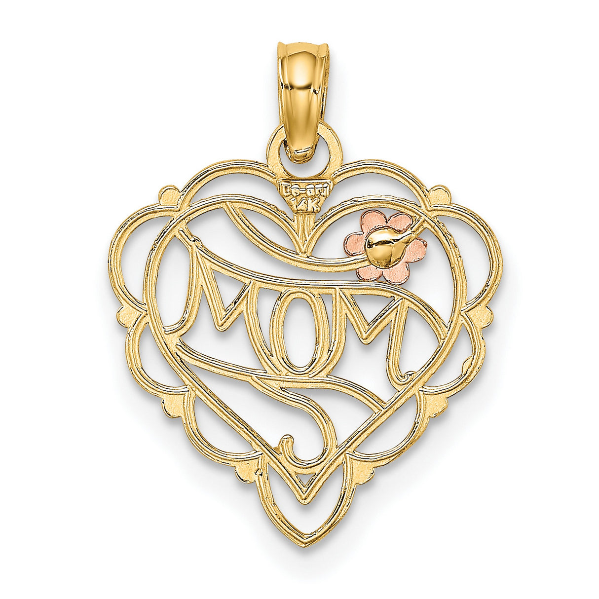 14k Two-Tone Gold Heart Pendant with MOM Design, Pink Flower and Filigree Accents