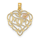 14k Two-Tone Gold Heart Pendant with MOM Design, Pink Flower and Filigree Accents