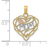 14k Two-Tone Gold Heart Pendant with MOM Design, Pink Flower and Filigree Accents