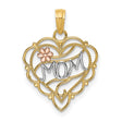 14k Two-Tone Gold Heart Pendant with MOM Design, Pink Flower and Filigree Accents