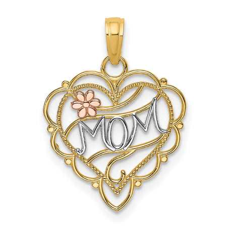 14k Two-Tone Gold Heart Pendant with MOM Design, Pink Flower and Filigree Accents