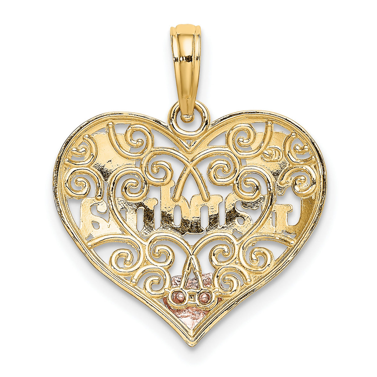 Grandma Word On Scrolled Heart Shaped Charm Pendant in Real 14k Multi-Tone Gold