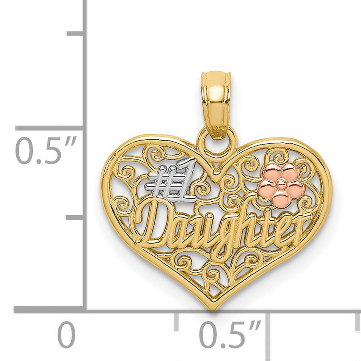 #1 DAUGHTER In Heart Flowers Charm Pendant in Real 14k Multi-Tone Gold