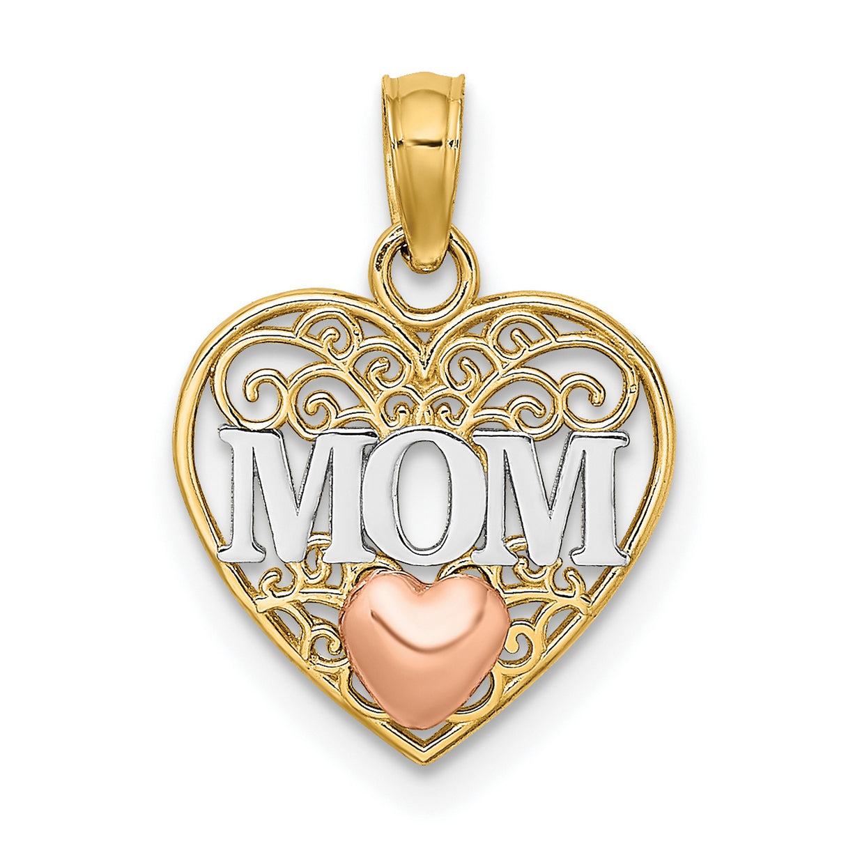 14k Two-Tone Gold Heart Pendant with MOM in White Gold and Rose Gold Accent