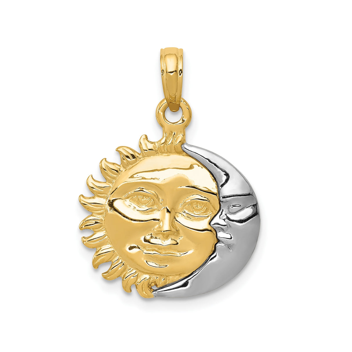 14k Two-Tone Gold Sun and Moon Pendant with Celestial Face Design, Boho Spiritual Charm