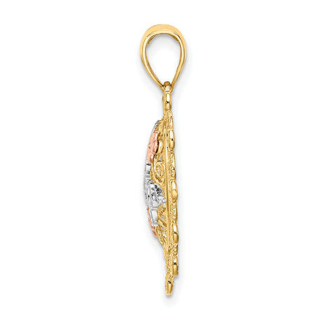14k Two-Tone Gold Heart Pendant with Filigree, Rose Gold Flowers, I Love You Script
