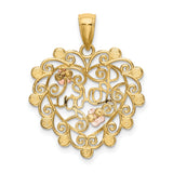 14k Two-Tone Gold Heart Pendant with Filigree, Rose Gold Flowers, I Love You Script