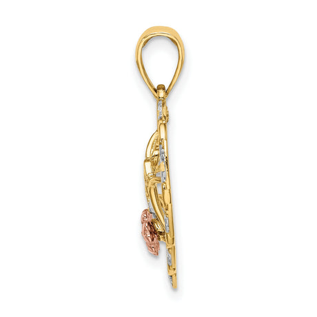 14k Two-Tone Gold Heart Pendant with I Love You Script and Rose Gold Floral Accent