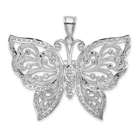 14k White Gold Butterfly Pendant with Filigree Detailing and Diamond-Cut Accents for Women