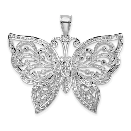 14k White Gold Butterfly Pendant with Filigree Scrollwork, Nature-Inspired Design for Women