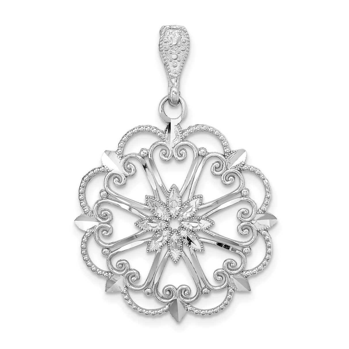 14k White Gold Filigree Pendant with Floral Mandala and Snowflake Openwork Design