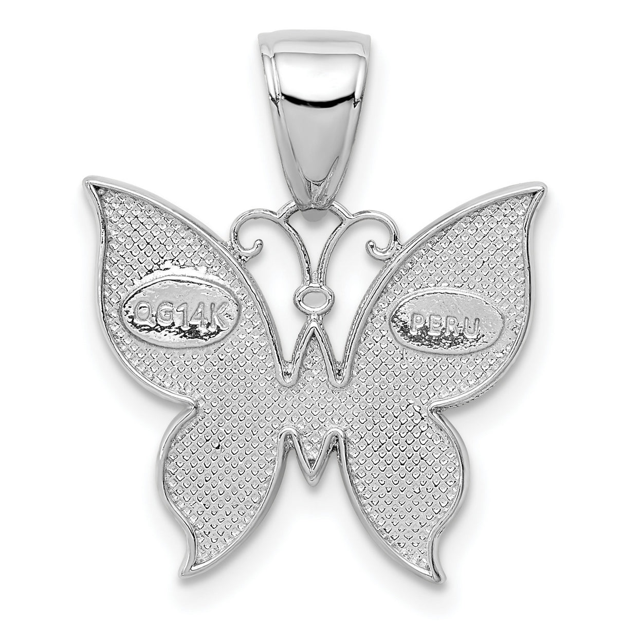 14k White Gold Butterfly Pendant with Intricate Filigree and Milgrain Accents