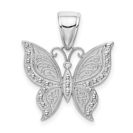 14k White Gold Butterfly Pendant with Intricate Filigree and Milgrain Accents
