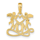14k Yellow Gold MOM Pendant with Angel Cherubs and Heart, Spiritual Religious Charm for Women