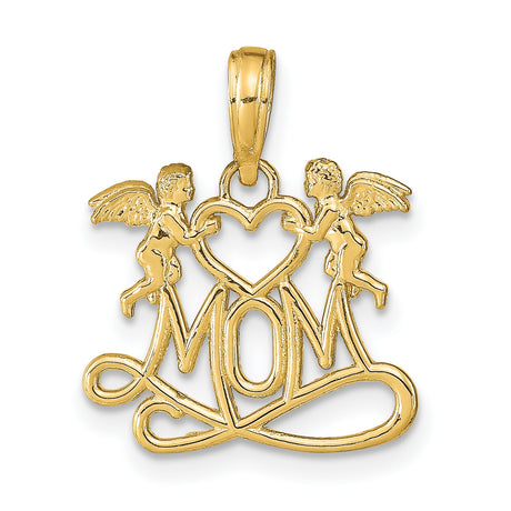 Polished MOM with Heart and Angels Charm Pendant in Real 14k Yellow Gold