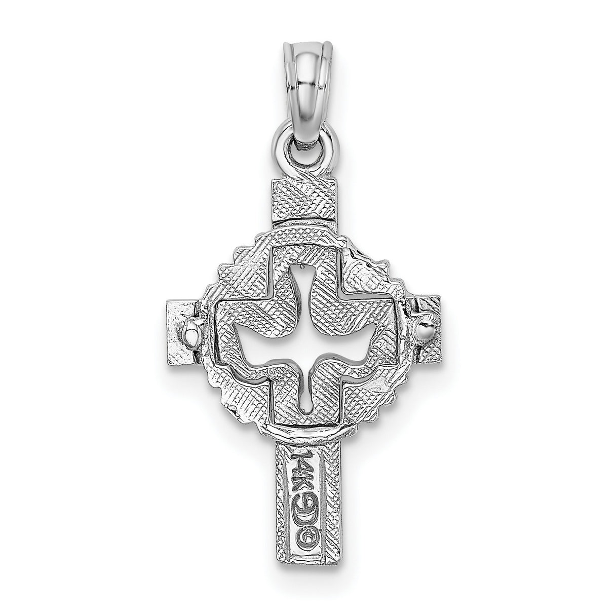 Cut-Out Dove Cross Charm Pendant in Real 14k White Gold