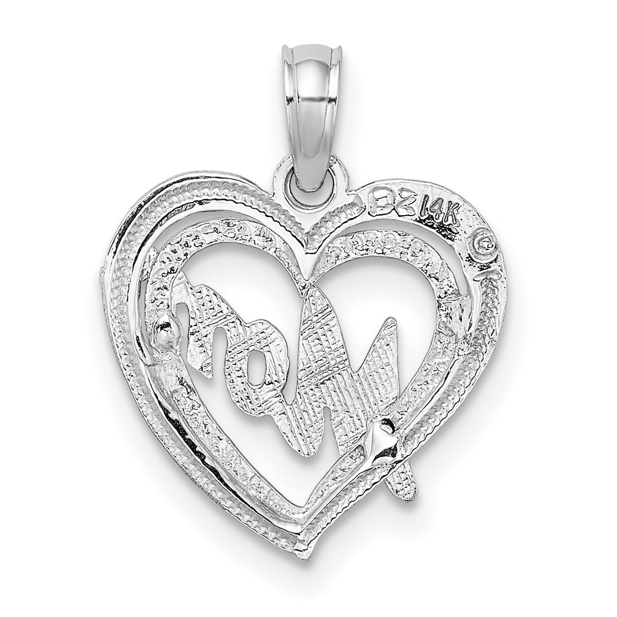 14k White Gold Heart Pendant with Script Mom Design, Symbolic Love Jewelry for Women