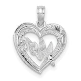 14k White Gold Heart Pendant with Script Mom Design, Symbolic Love Jewelry for Women