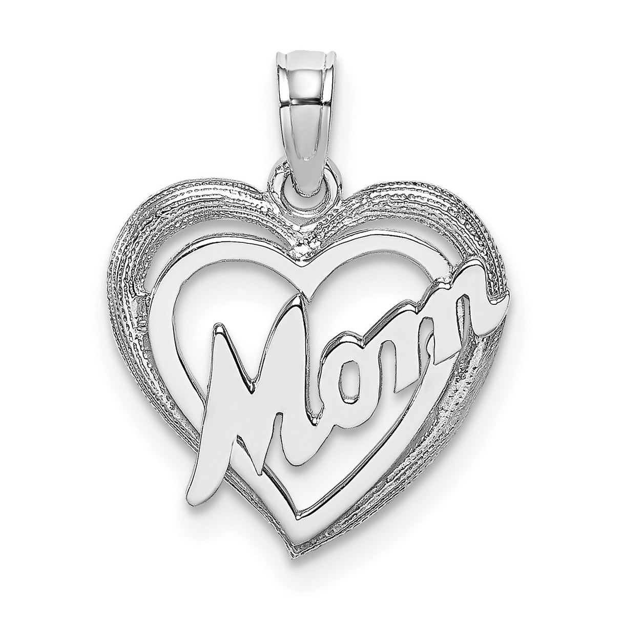 14k White Gold Heart Pendant with Script Mom Design, Symbolic Love Jewelry for Women