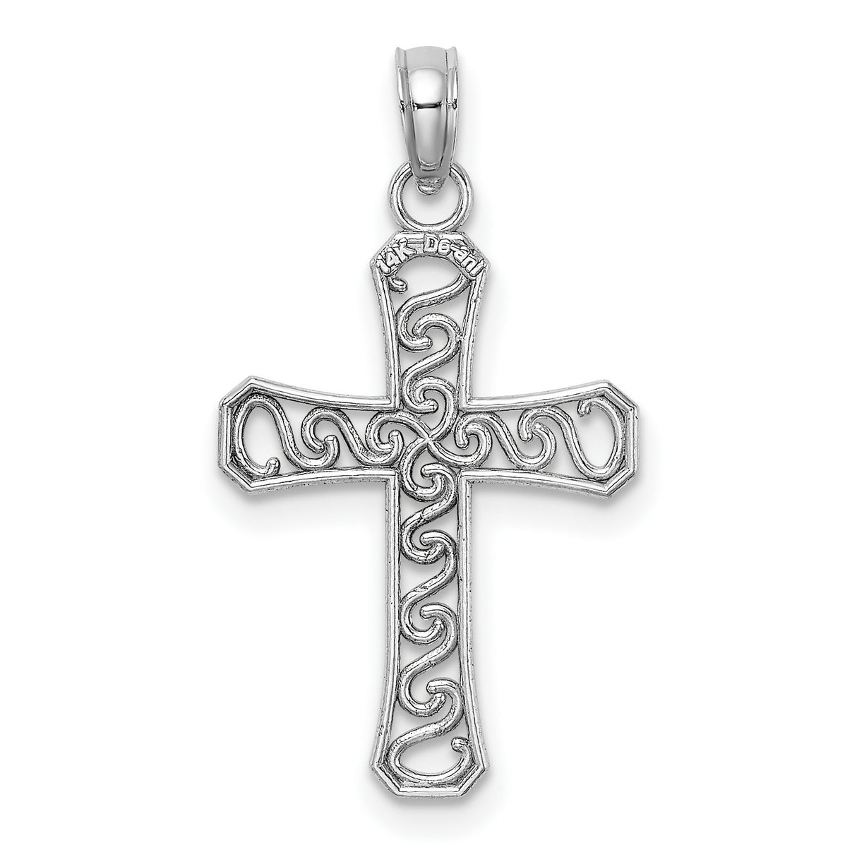 14k White Gold Cross Pendant with Swirl Detail and Filigree Design for Men and Women