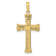 14k Yellow Gold Cross Pendant with Carved Leaf Texture and Rope Design