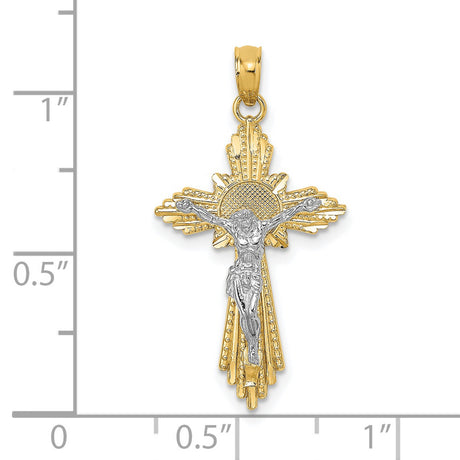 14k Yellow and White Gold Crucifix Pendant with Textured Jesus and Sunburst Detail