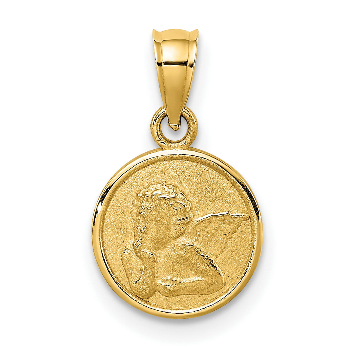 14k Yellow Gold Angel Medallion Pendant with Raised Cherub Symbol, Religious Christian Jewelry