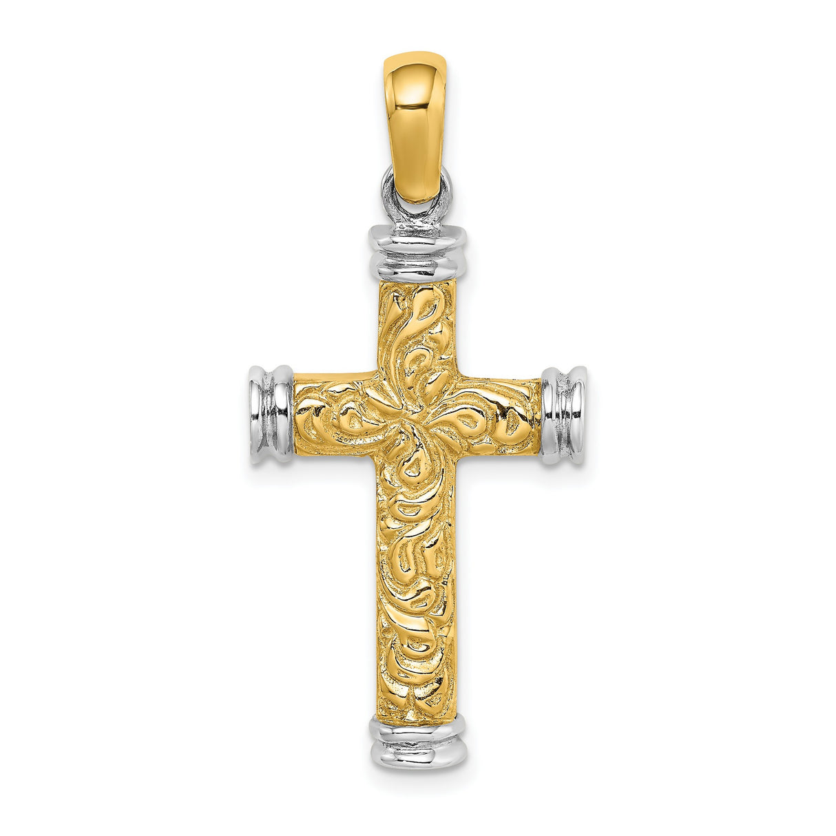 Scroll and Double Endcaps Cross Charm Pendant in Real 14k Multi-Tone Gold