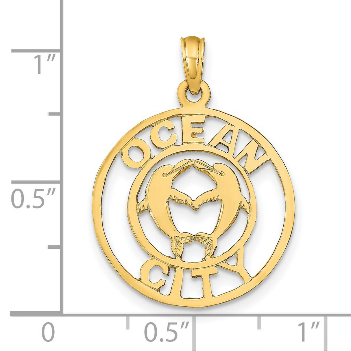 14k Yellow Gold Dolphin Heart Pendant with Ocean City Charm, Nautical Beach Jewelry