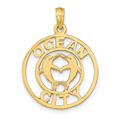 14k Yellow Gold Dolphin Heart Pendant with Ocean City Charm, Nautical Beach Jewelry