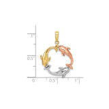 14k Tri-Color Gold Dolphin Circle Pendant, Intertwined Marine Design for Women