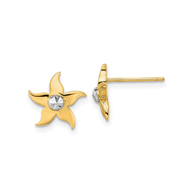 14k Yellow Gold Flower Stud Earrings with Rhodium Center, Five Petal Design, Lightweight and Feminine