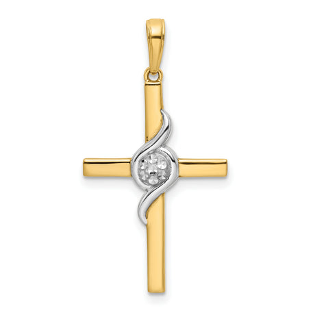 14k Multi-Tone Gold Cross Pendant with Diamond Cut Detail, High Polish Religious Charm