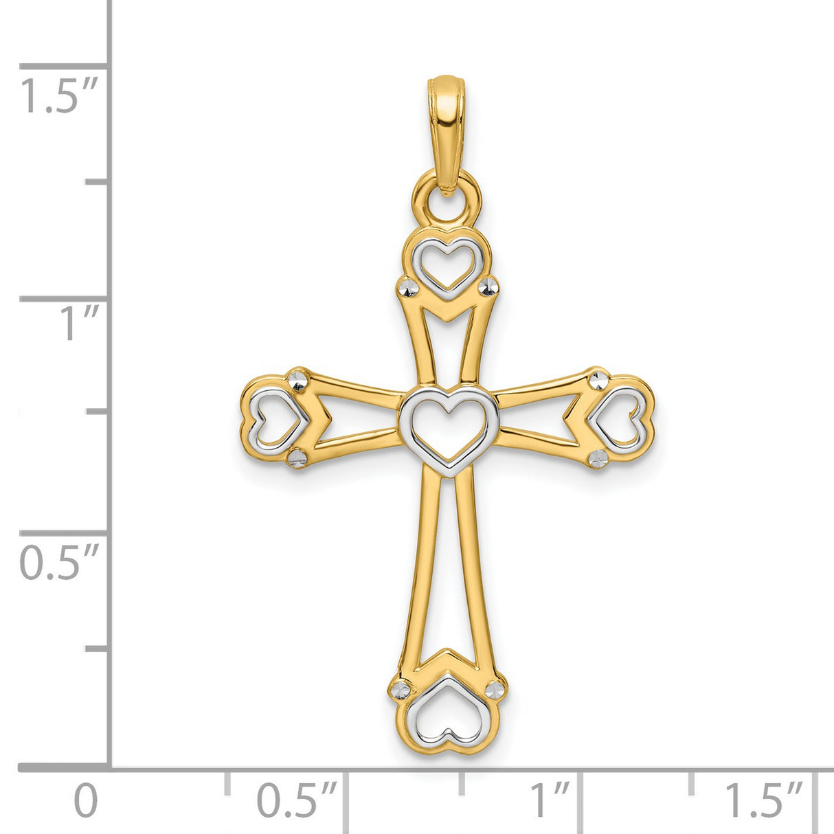 Diamond-Cut Cross with Hearts Charm Pendant in Real 14k Multi-Tone Gold